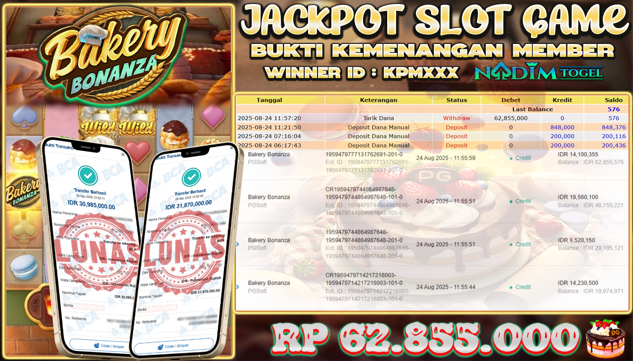 NADIMTOGEL JACKPOT SLOT BAKERY BONANZA Rp 62.855.000,- LUNAS