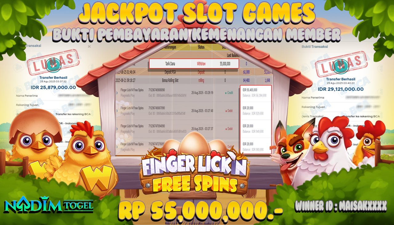 NADIMTOGEL JACKPOT SLOT FINGER LICK N FREE SPINS Rp 55.000.000,- LUNAS