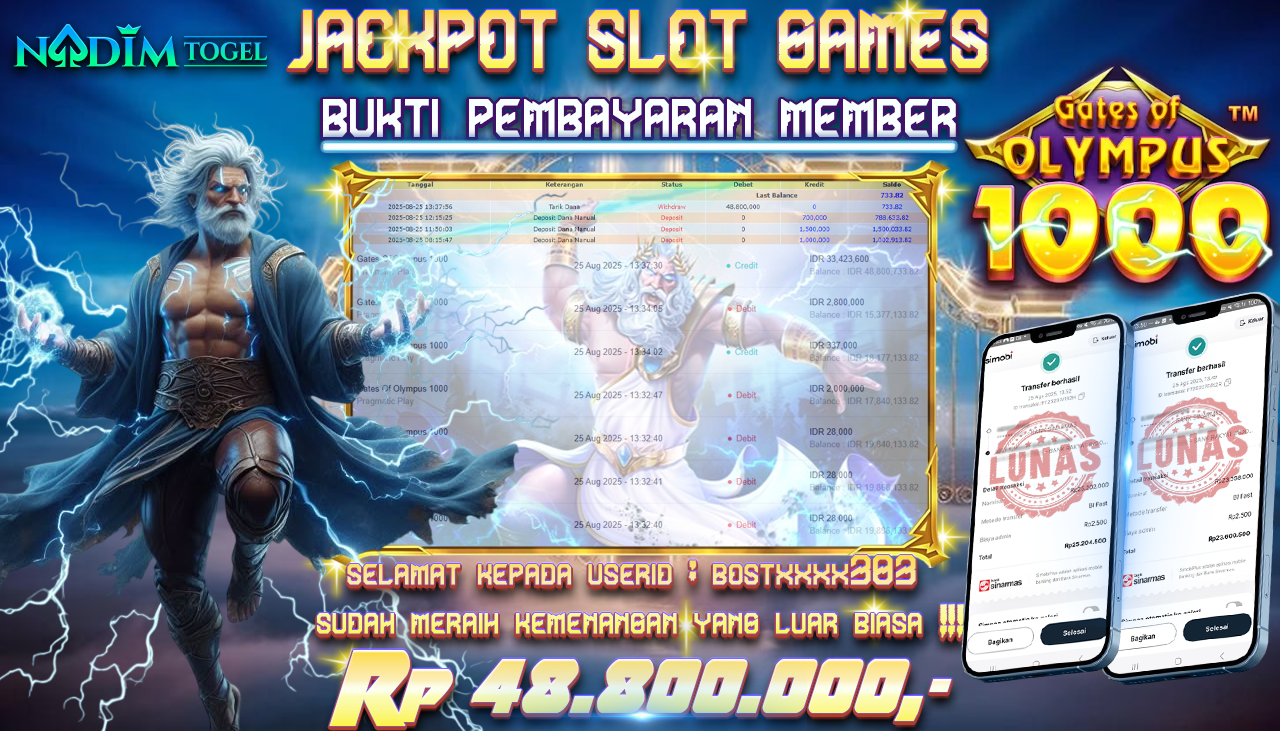 NADIMTOGEL JACKPOT SLOT GATES OF OLYMPUS 1000 - PRAGMATIC PLAY Rp 48.800.000,- LUNAS