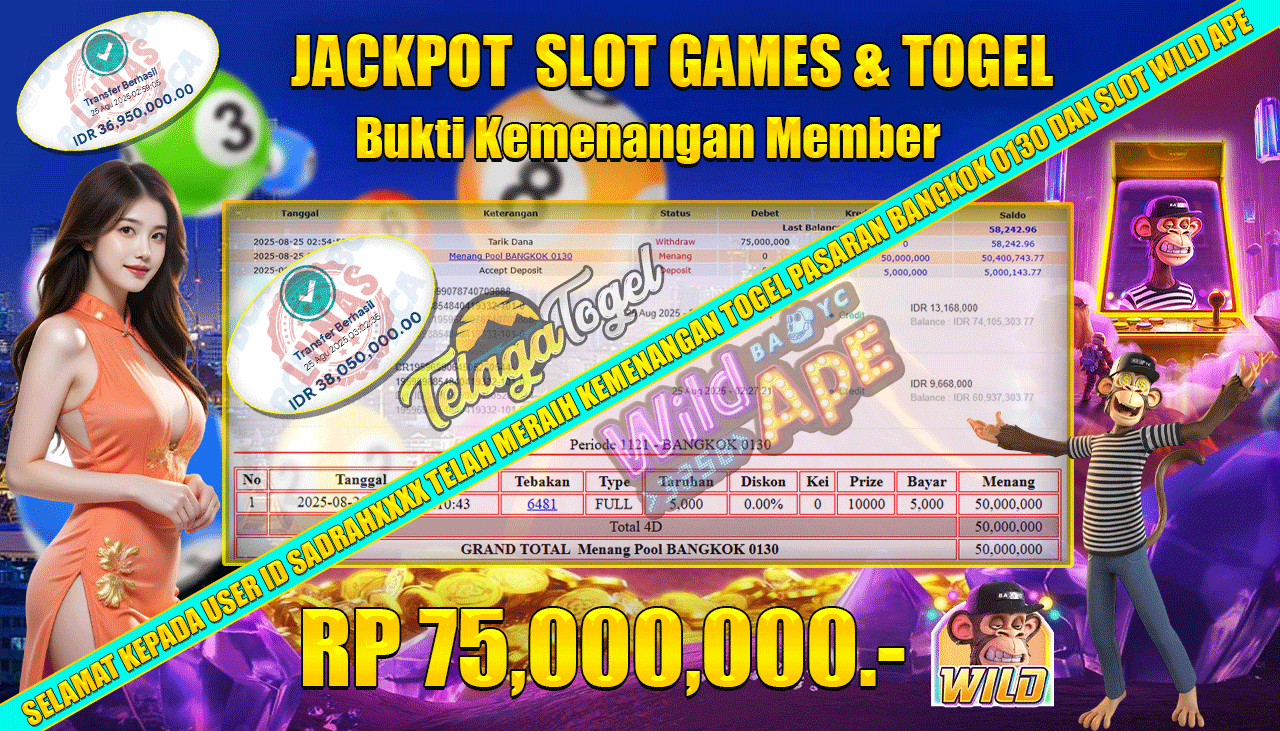 TELAGATOGEL JACKPOT SLOT WILD APE & TOGEL BANGKOK 0130 Rp 75,000,000.- LUNAS 