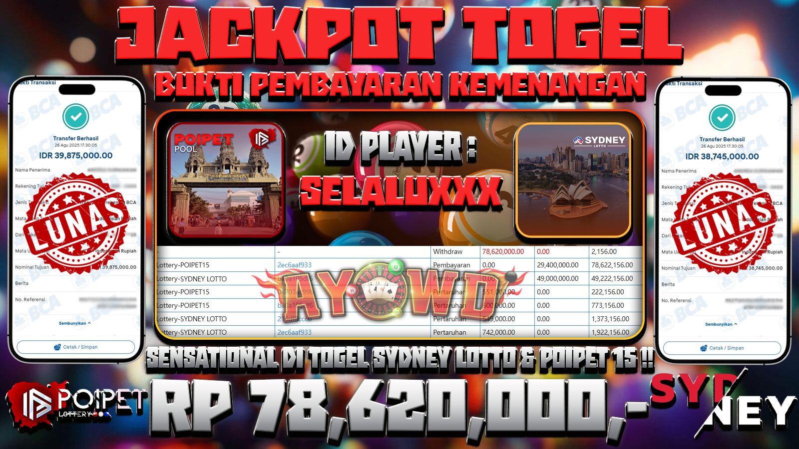 AYOWD JACKPOT TOGEL GAMES Lottery Sydney Lotto & Poipet 15 Rp 78,620,000,- LUNAS