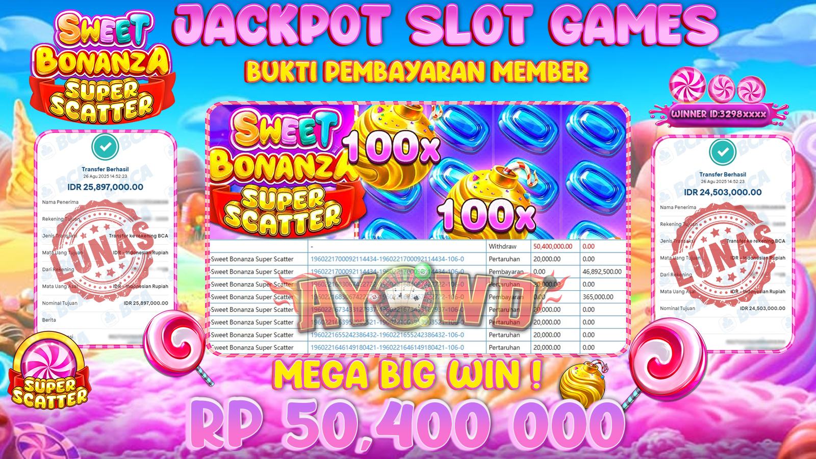 AYOWD JACKPOT SLOT GAMES PP-SWEET BONANZA SUPER SCATTER Rp 50,400,000,- LUNAS