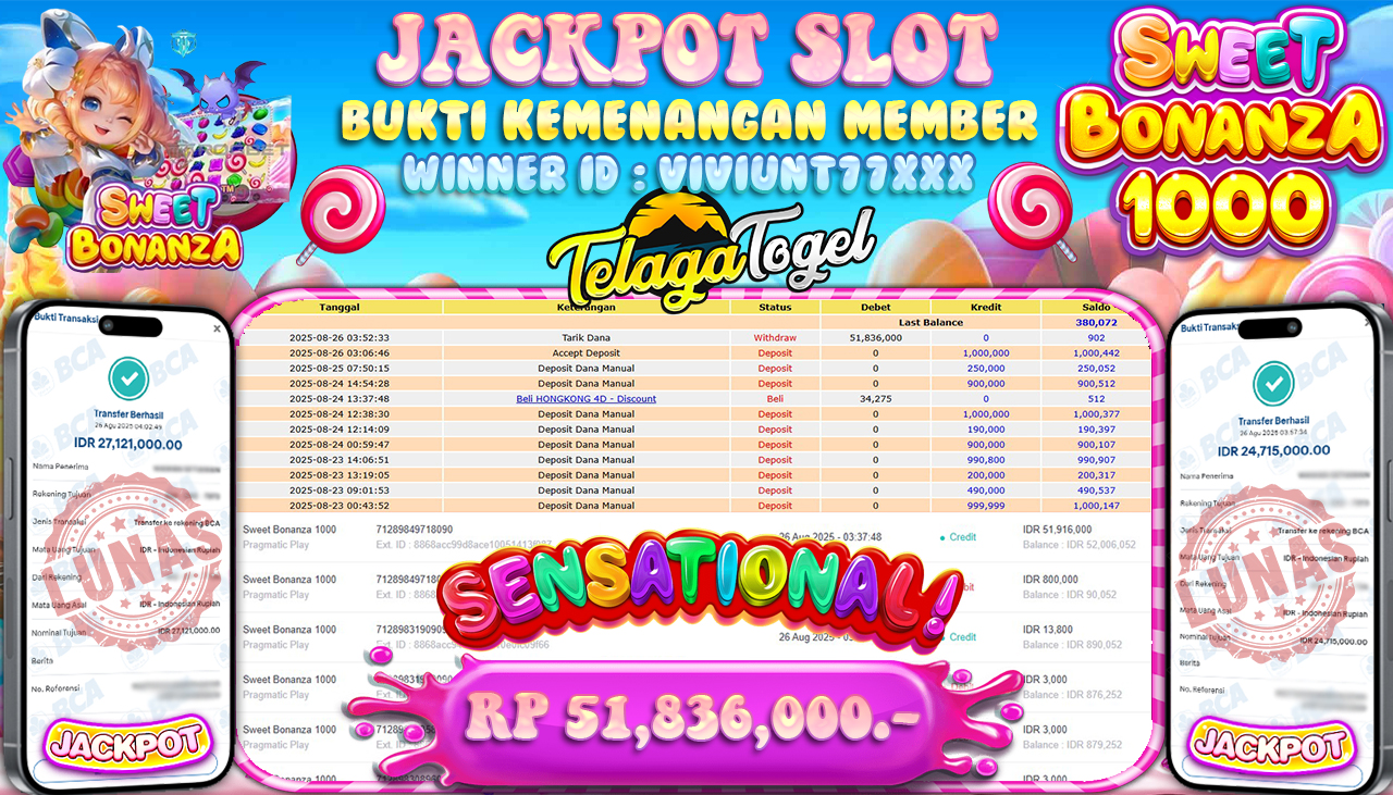 TELAGATOGEL JACKPOT SLOT SWEET BONANZA 1000 Rp 51,836,000.- LUNAS 