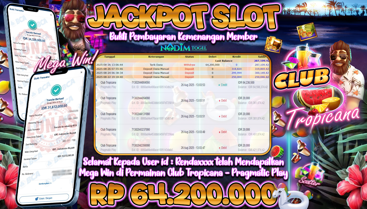 NADIMTOGEL JACKPOT SLOT CLUB TROPICANA Rp 64.200.000,- LUNAS