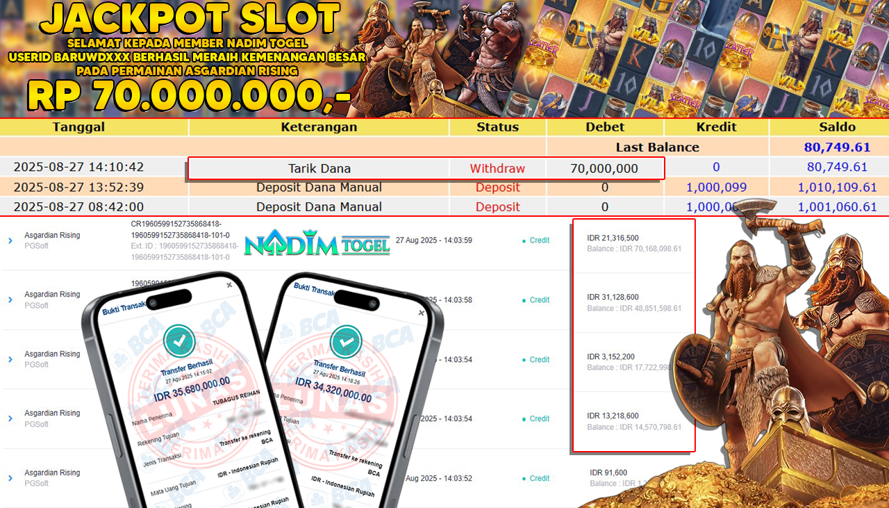 NADIMTOGEL JACKPOT SLOT ASGARDIAN RISING Rp 70.000.000,- LUNAS