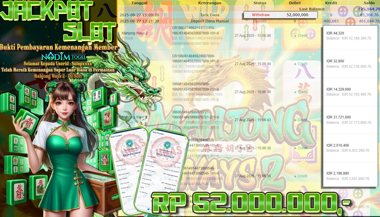 NADIMTOGEL JACKPOT SLOT MAHJONG WAYS 2 - PG SOFT Rp 52.000.000,- LUNAS