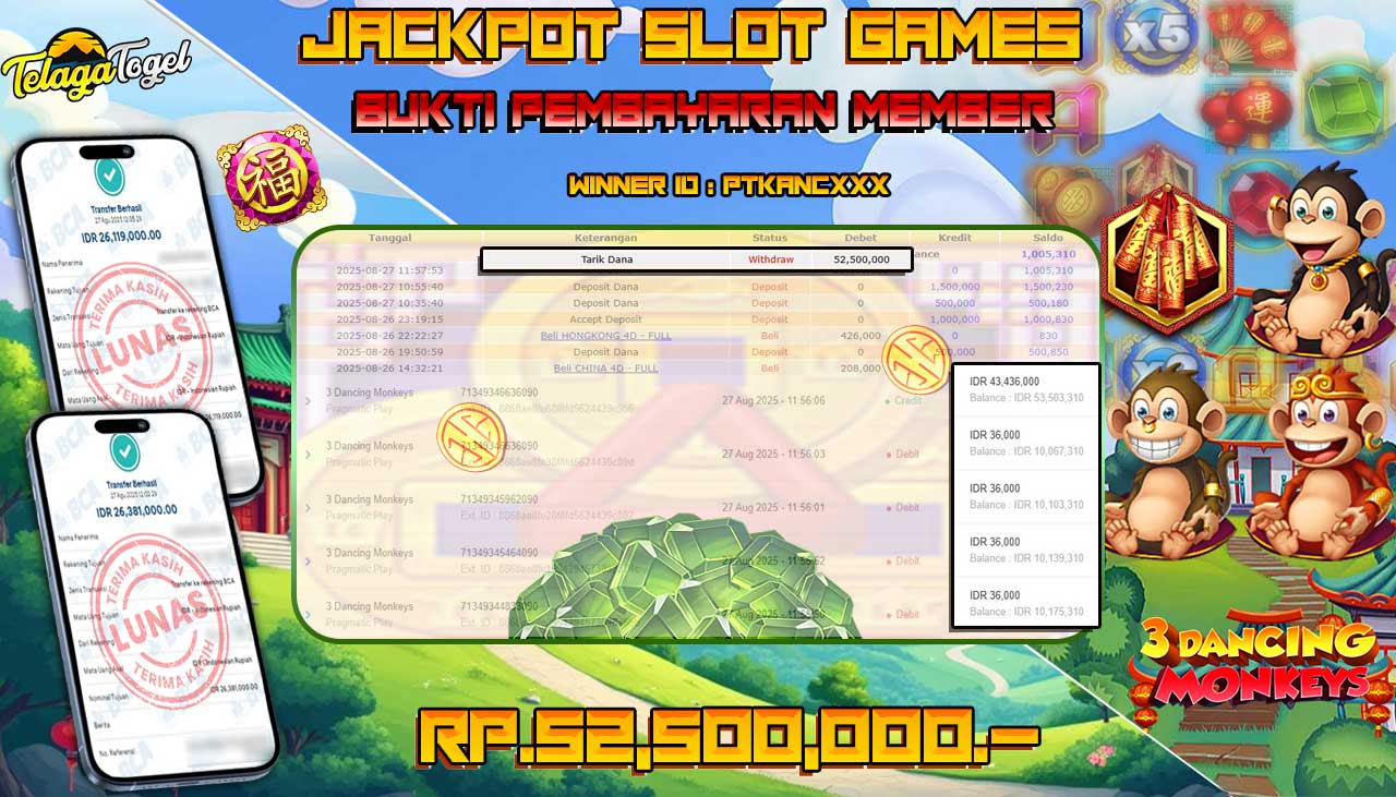 TELAGATOGEL JACKPOT SLOT 3 DANCING MONKEYS Rp 52,500,000.- LUNAS 