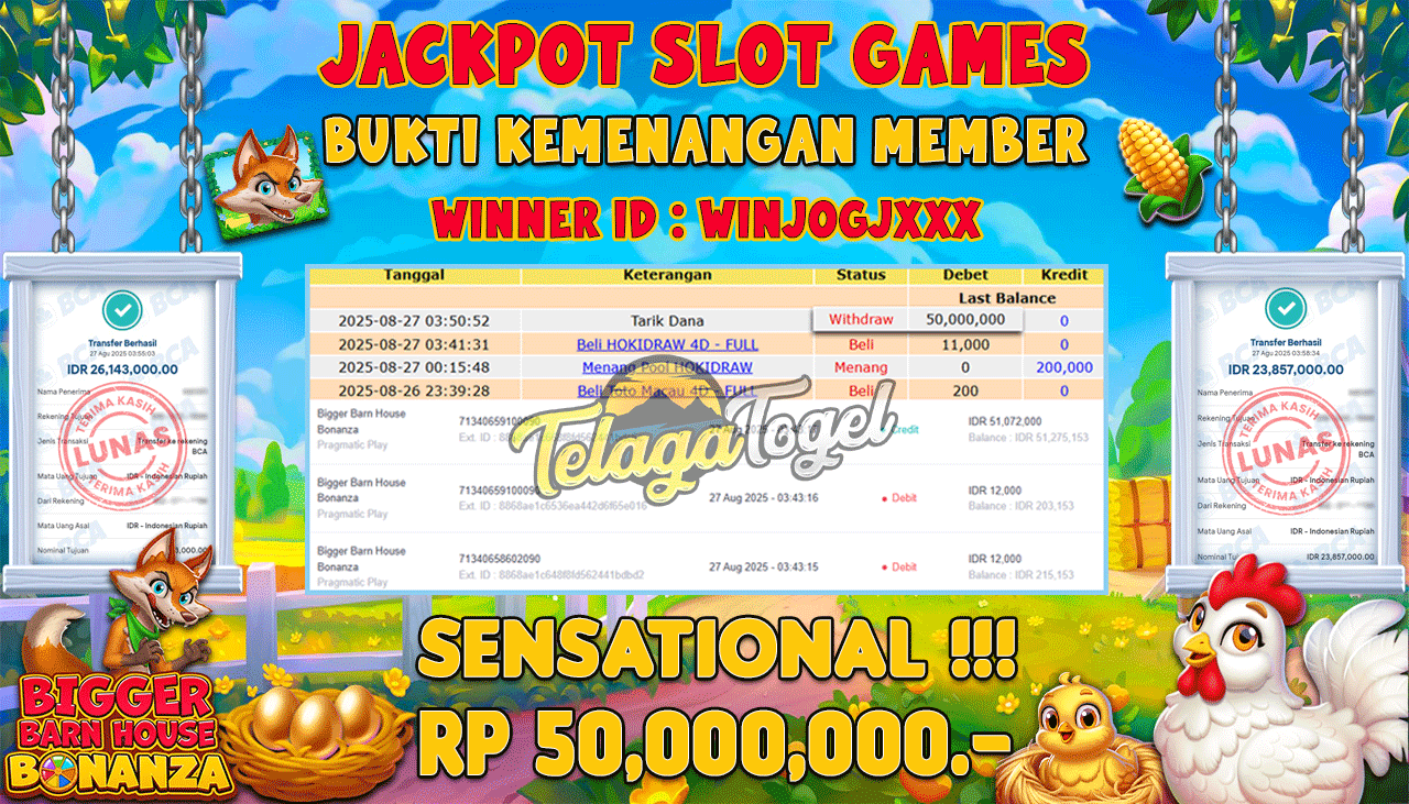 TELAGATOGEL JACKPOT SLOT BIGGER BARN HOUSE BONANZA Rp 50,000,000.- LUNAS 