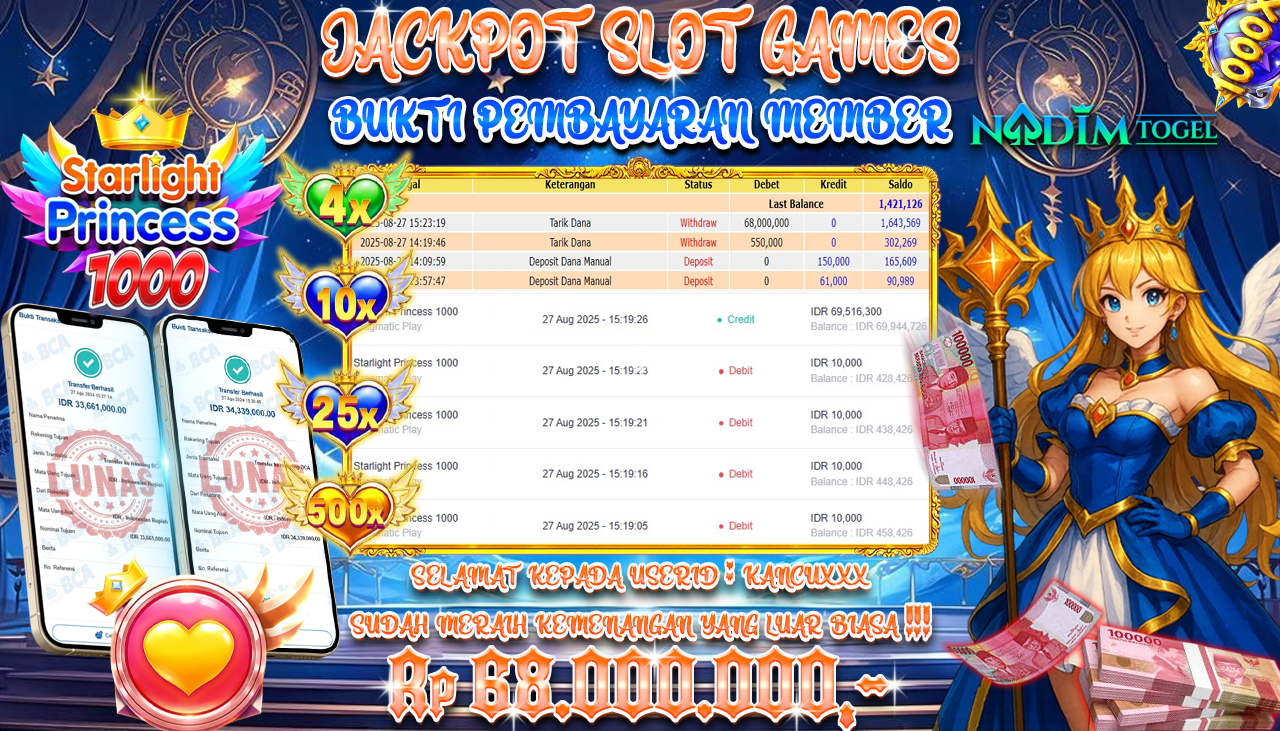 NADIMTOGEL JACKPOT SLOT STARLIGHT PRINCESS 1000 - PRAGMATIC PLAY Rp 68.000.000,- LUNAS