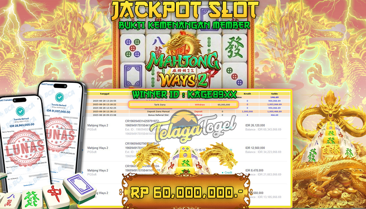 TELAGATOGEL JACKPOT SLOT MAHJONG WAYS 2   Rp 60,000,000.- LUNAS 
