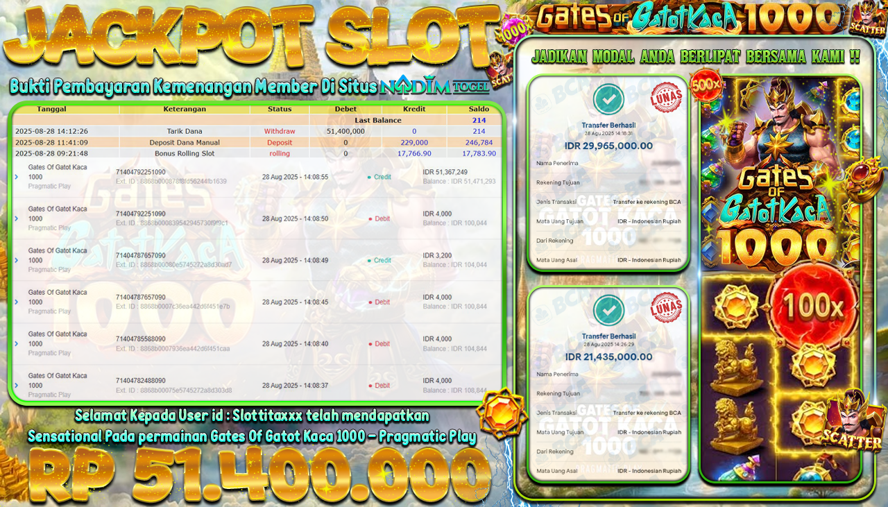 NADIMTOGEL JACKPOT SLOT GATES OF GATOT KACA 1000 Rp 51.400.000,- LUNAS