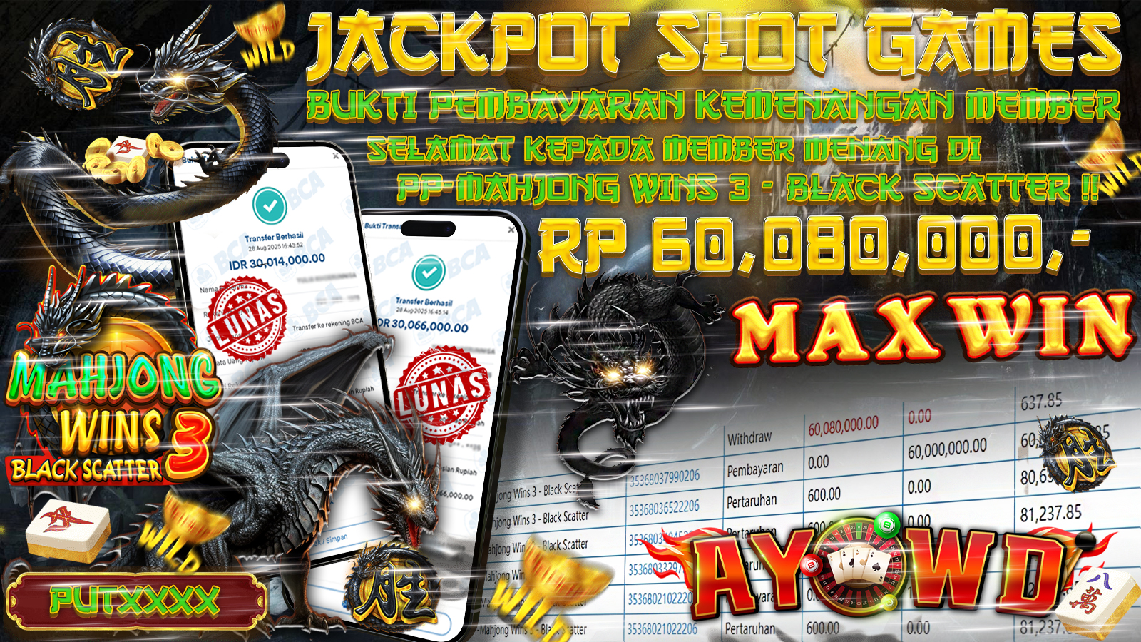 AYOWD JACKPOT SLOT GAMES PP-MAHJONG WINS 3 - BLACK SCATTER Rp 60,080,000,- LUNAS