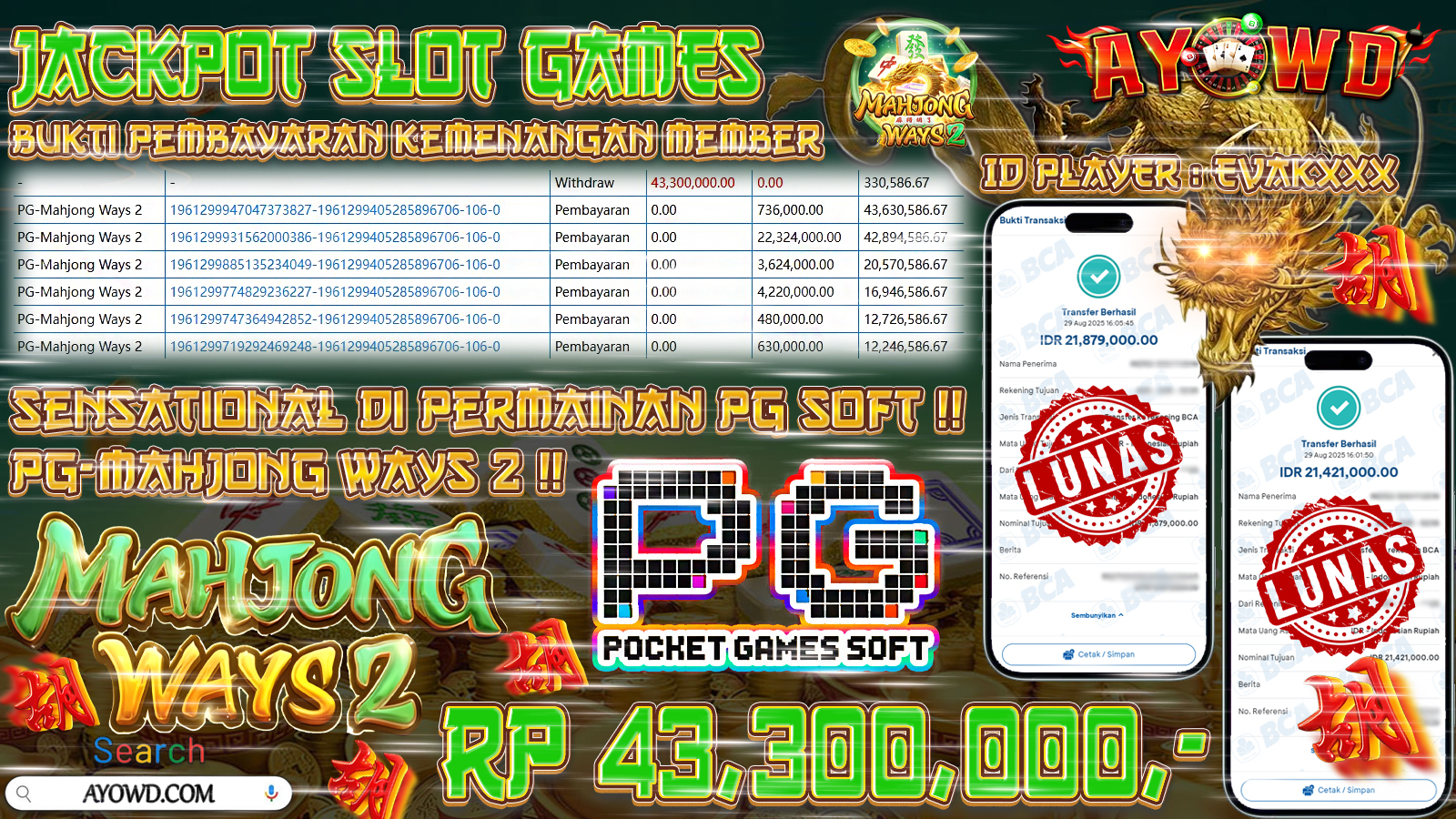 AYOWD JACKPOT SLOT GAMES PG-MAHJONG WAYS 2 Rp 43,300,000,- LUNAS
