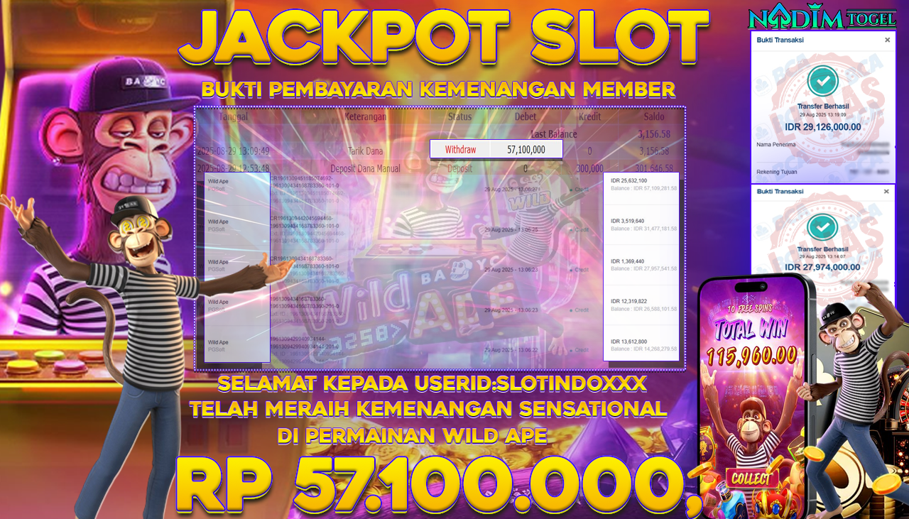 NADIMTOGEL JACKPOT SLOT Wild Ape PP Rp 57.100.000,- LUNAS