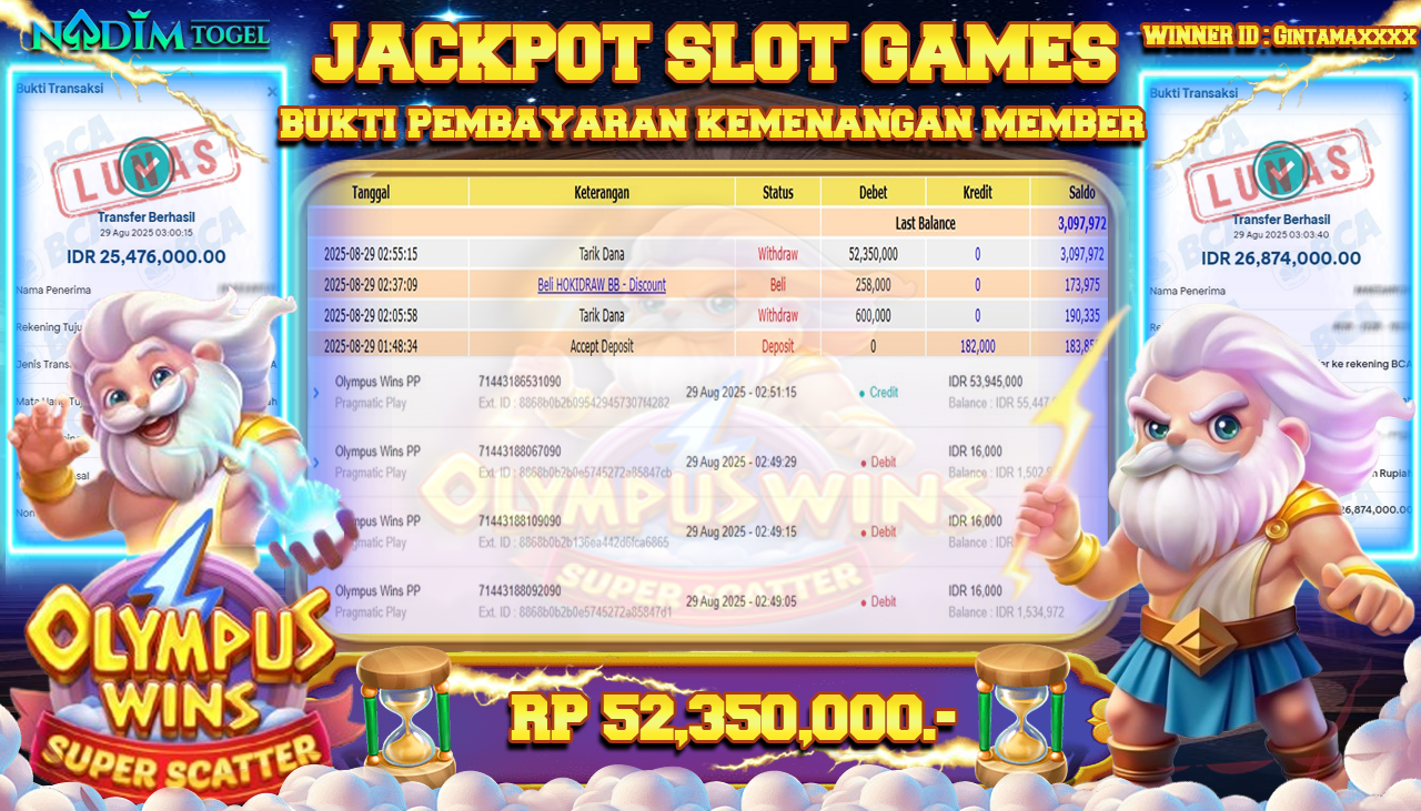 NADIMTOGEL JACKPOT SLOT JACK THE OLYMPUS WINS PP Rp 52.350.000,- LUNAS