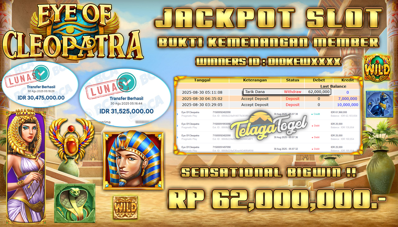 TELAGATOGEL JACKPOT SLOT EYE OF CLEOPATRA Rp 62,000,000.- LUNAS 