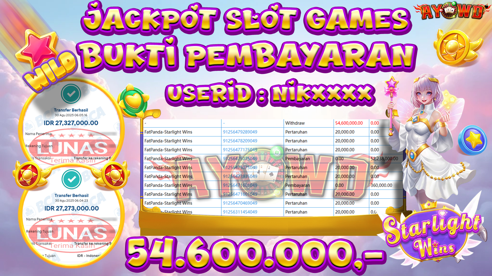 AYOWD JACKPOT SLOT GAMES FatPanda-Starlight Wins Rp 54,600,000,- LUNAS
