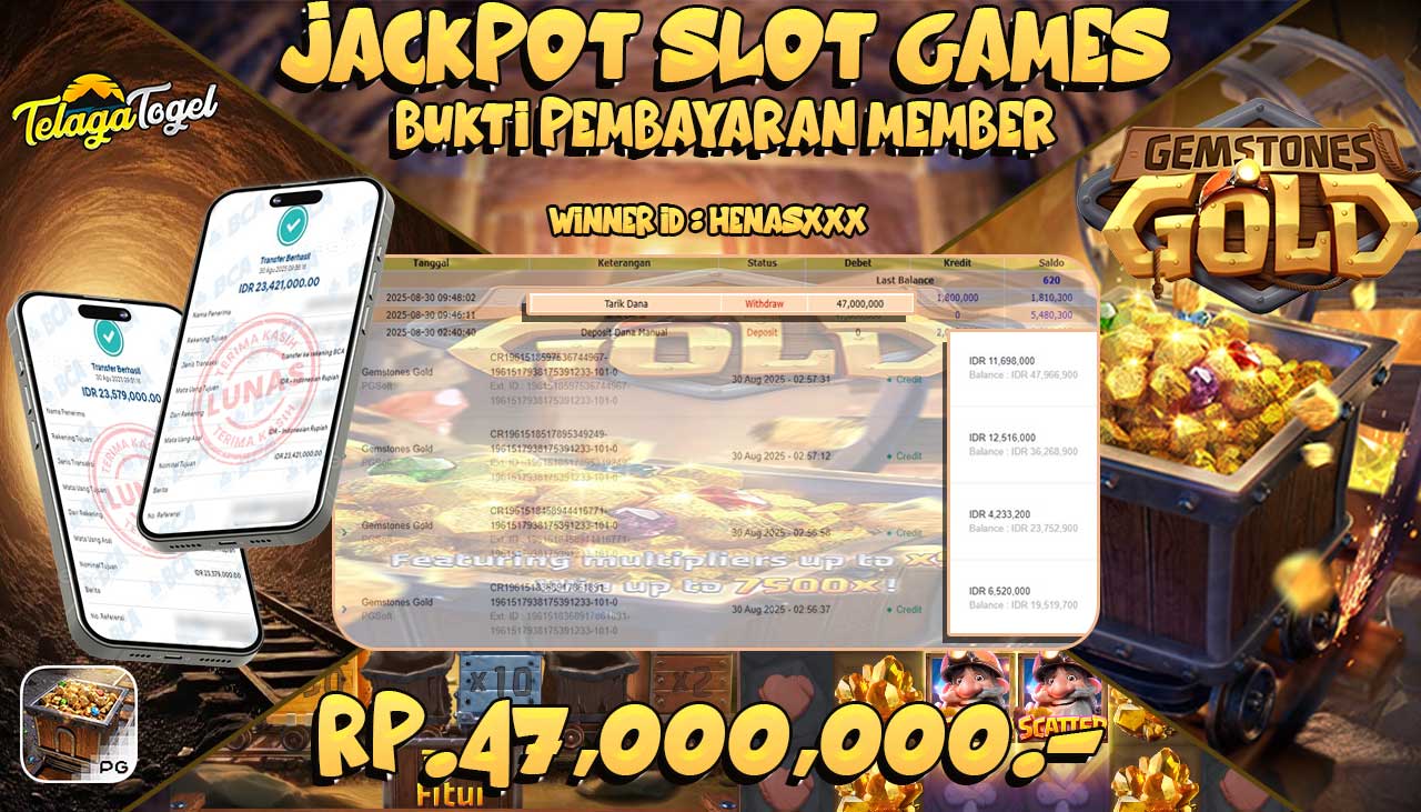 TELAGATOGEL JACKPOT SLOT GEMSTONES GOLD Rp 47,000,000.- LUNAS 