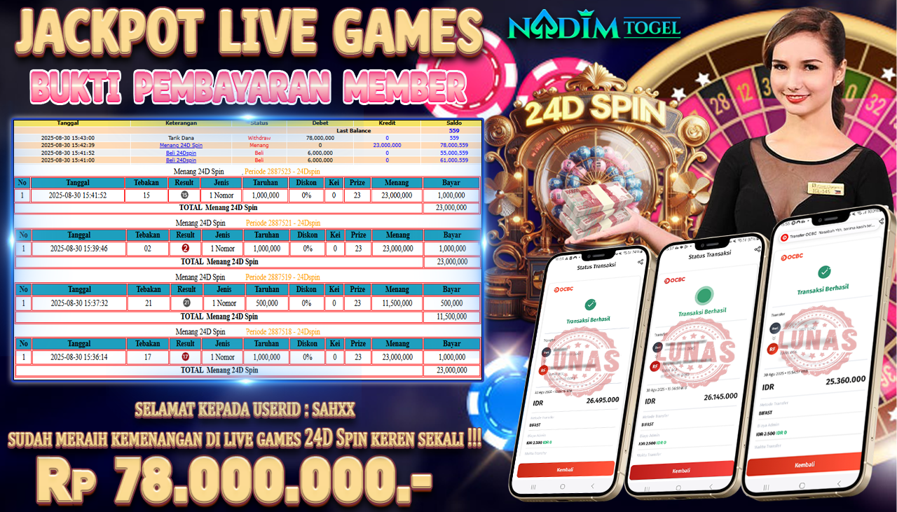 NADIMTOGEL JACKPOT LIVE GAME 24D SPIN Rp 78.000.000,- LUNAS