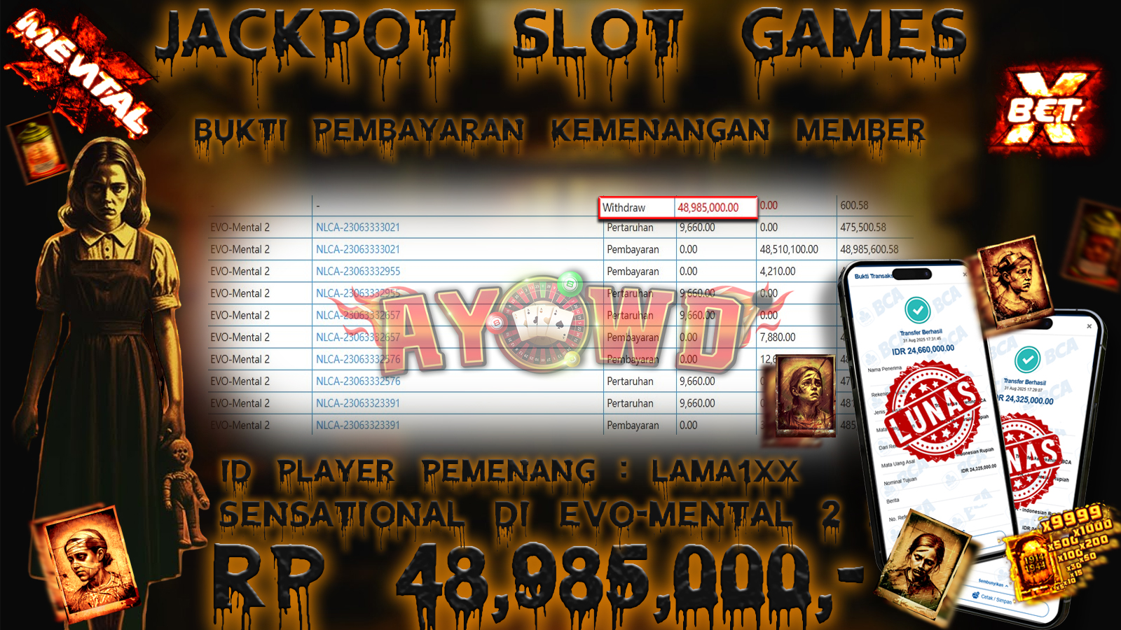 AYOWD JACKPOT SLOT GAMES EVO-MENTAL 2 Rp 48,985,000,- LUNAS