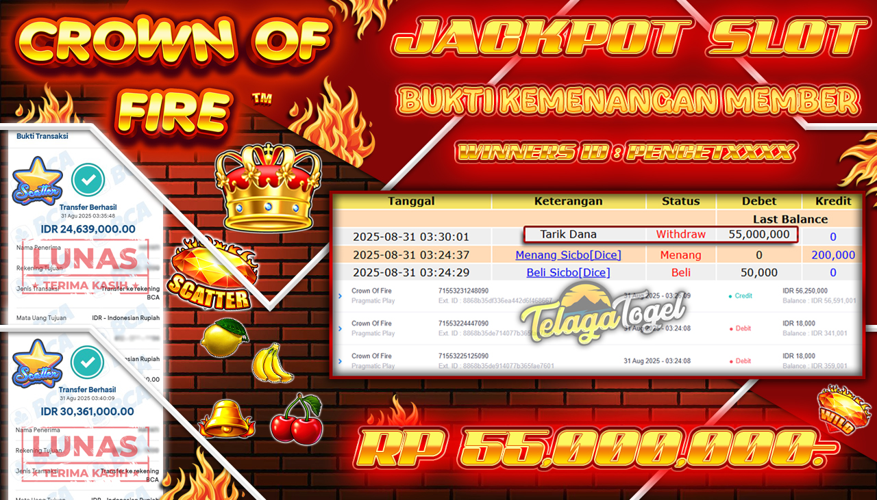 TELAGATOGEL JACKPOT SLOT CROWN OF FIRE Rp 55,000,000.- LUNAS 