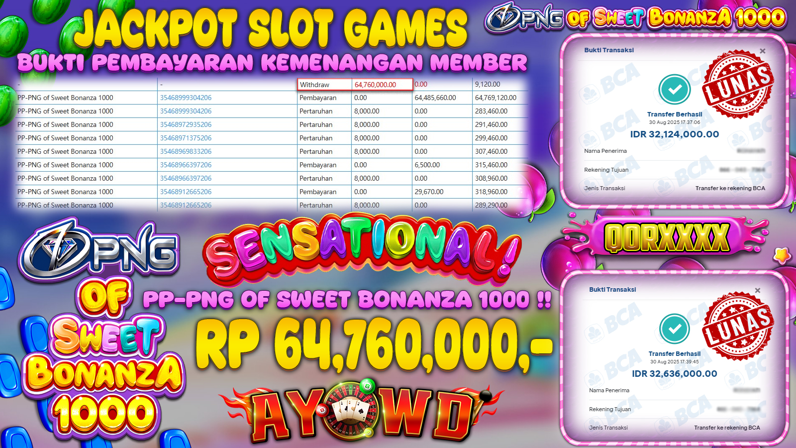 AYOWD JACKPOT SLOT GAMES PP-PNG OF SWEET BONANZA 1000 Rp 64,760,000,- LUNAS