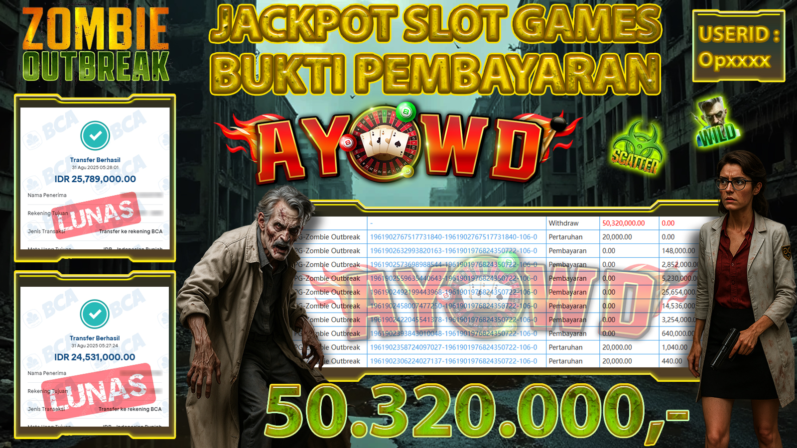 AYOWD JACKPOT SLOT GAMES PG-Zombie Outbreak Rp 50,320,000,- LUNAS
