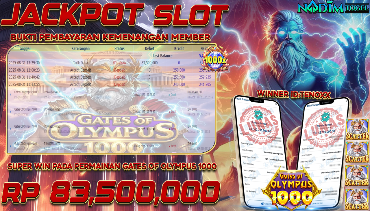 NADIMTOGEL JACKPOT GATES OF OLMYPUS 1000 Rp 83.500.000,- LUNAS