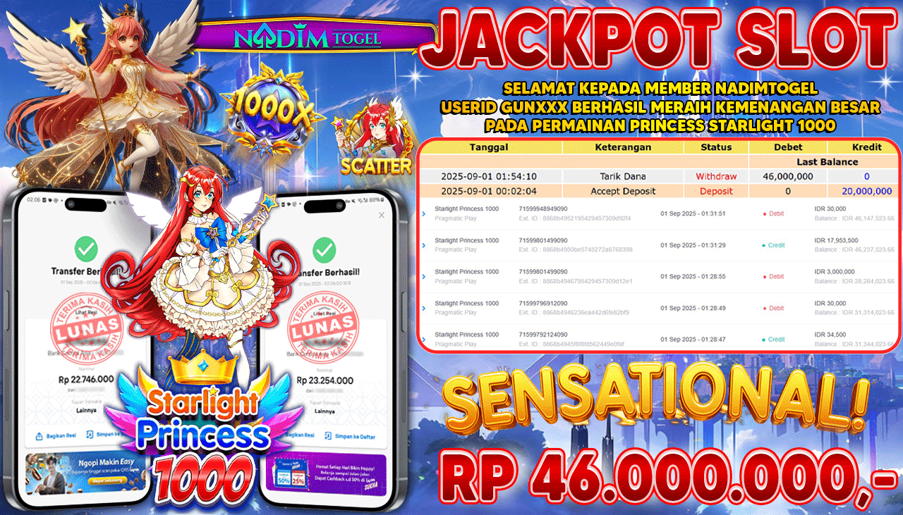 NADIMTOGEL JACKPOT STARLIGHT PRINCESS 1000 Rp 46.000.000,- LUNAS