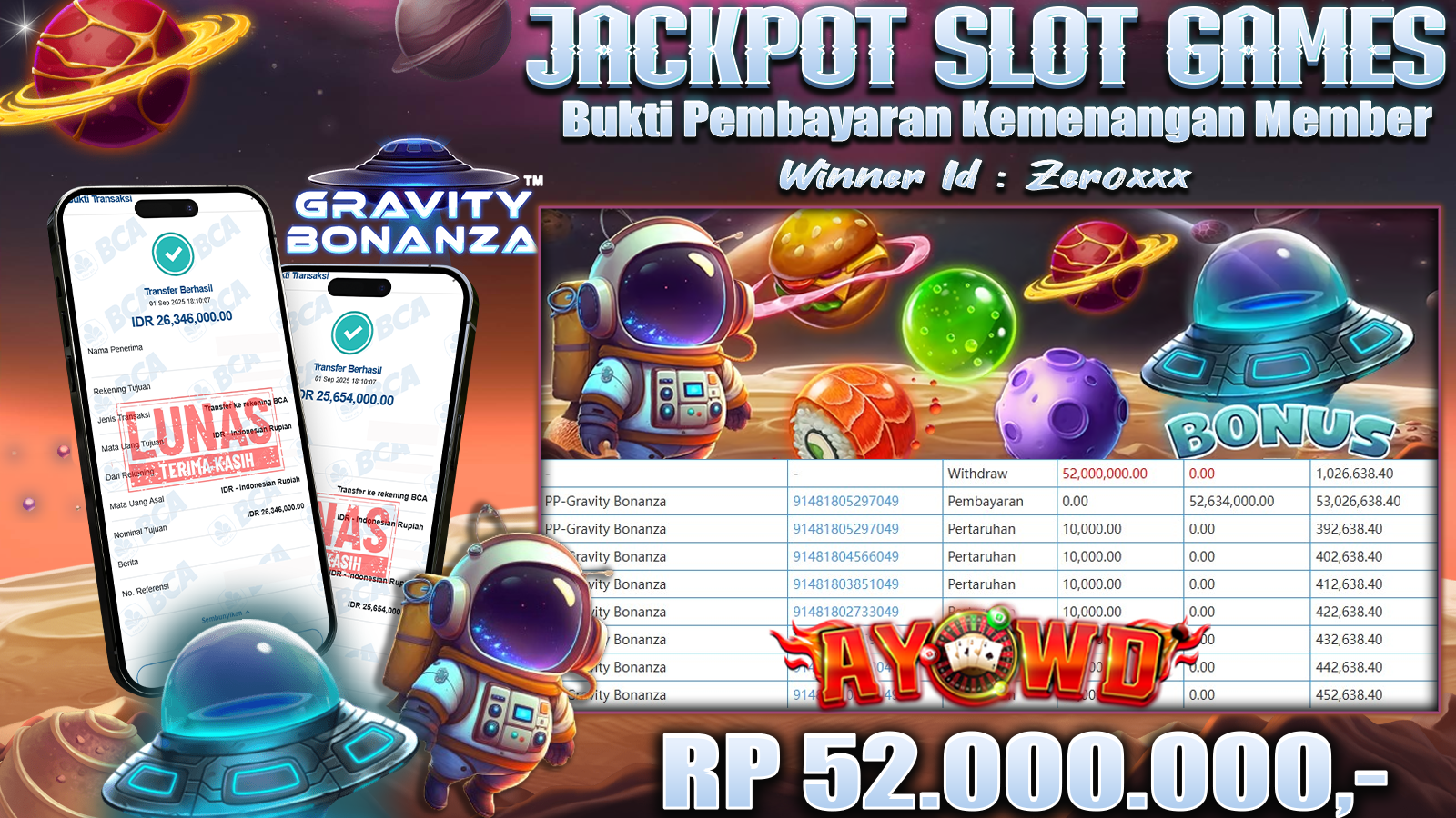 AYOWD JACKPOT SLOT GRAVITY BONANZA Rp 52,000,000,- LUNAS