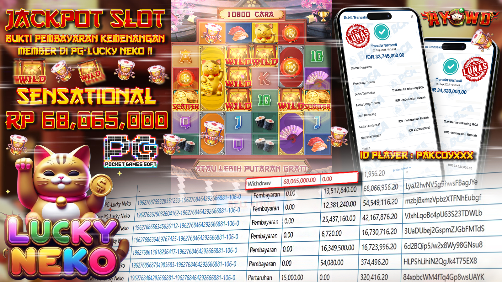 AYOWD JACKPOT SLOT PG-LUCKY NEKO Rp 68,065,000,- LUNAS