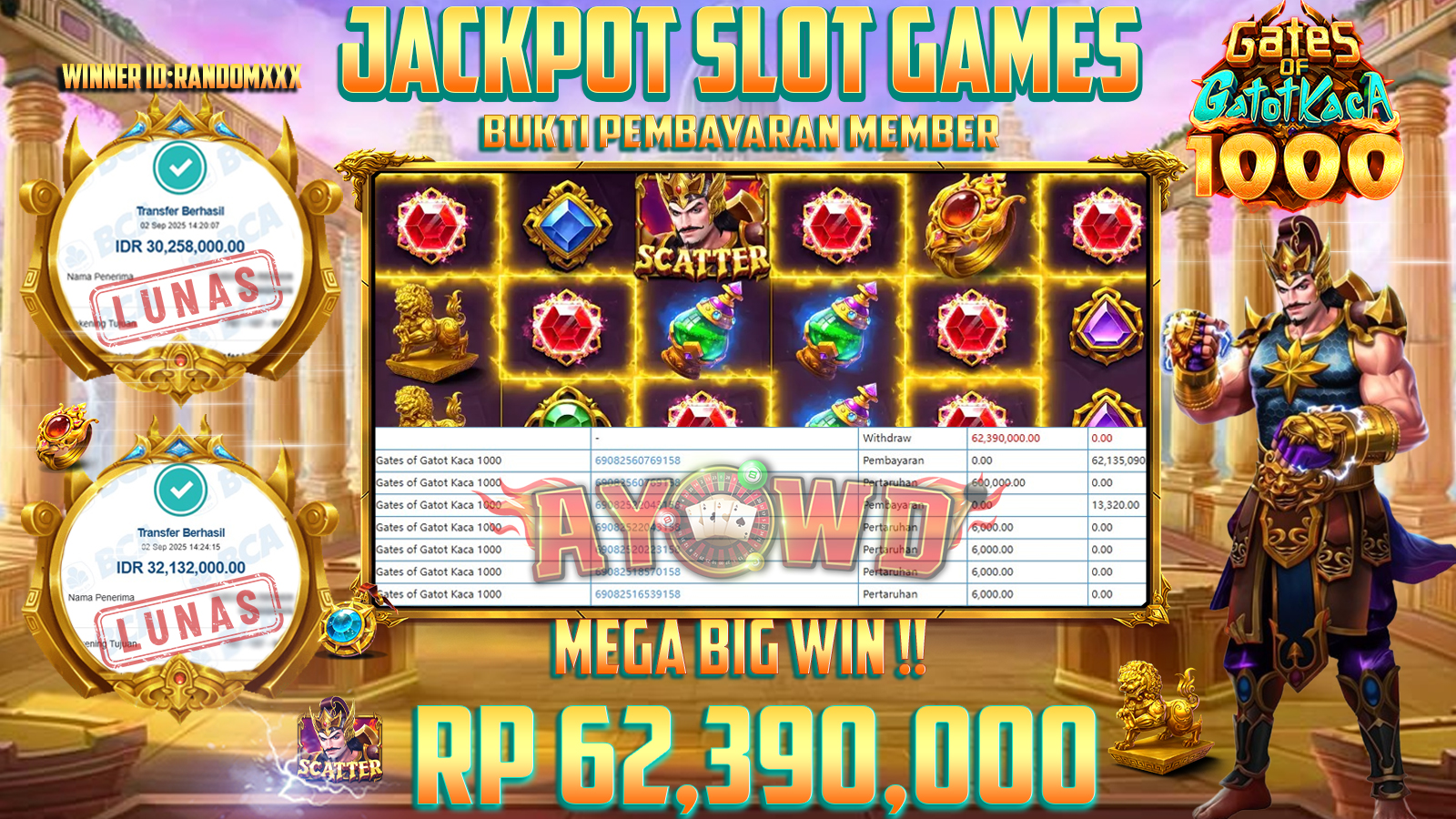 AYOWD JACKPOT SLOT PP-GATES OF GATOT KACA 1000 Rp 62,390,000,- LUNAS