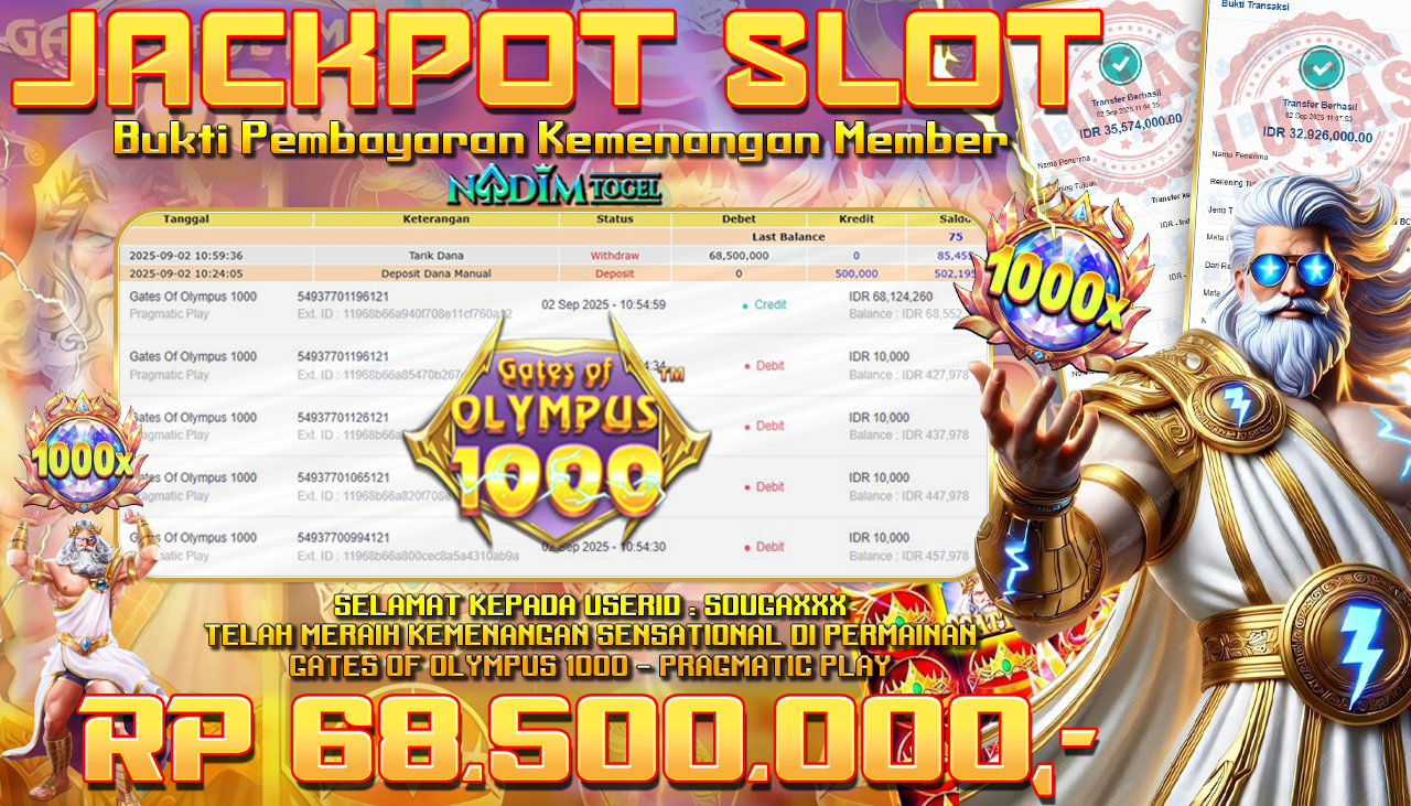 NADIMTOGEL JACKPOT SLOT GATES OF OLYMPUS 1000 Rp 68.500.000,- LUNAS