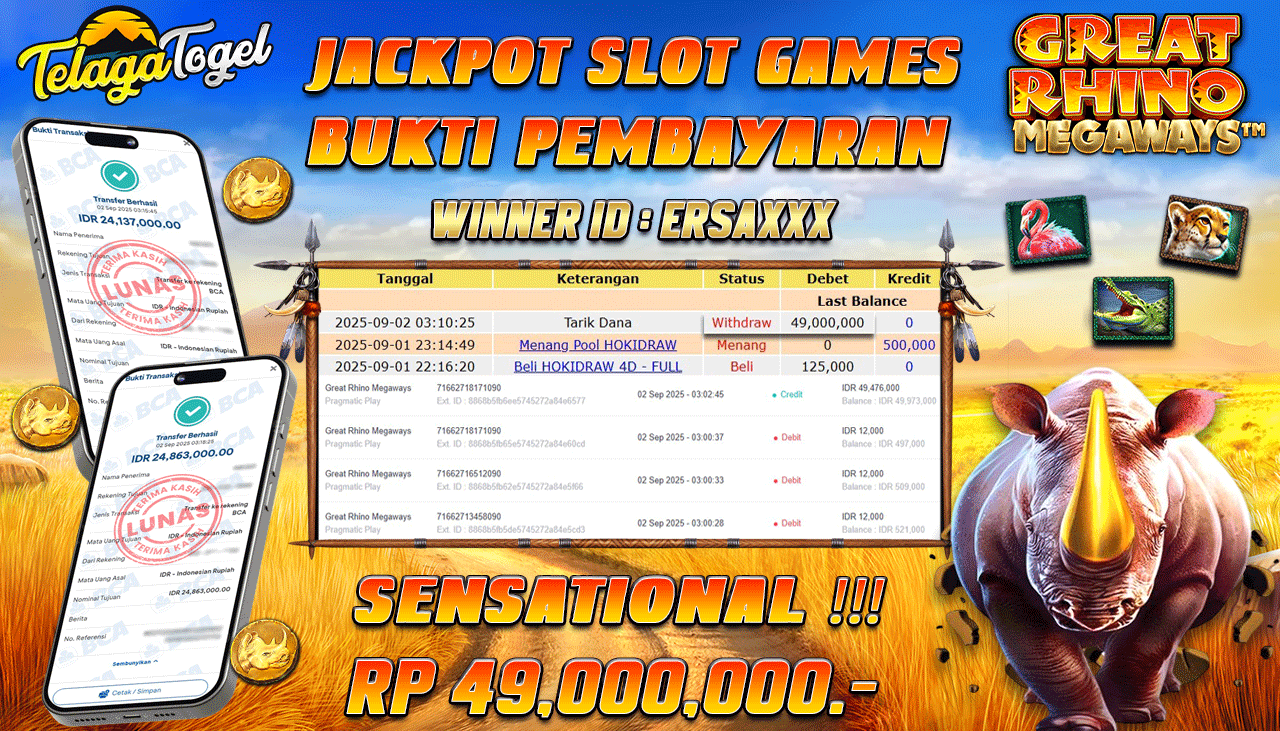 TELAGATOGEL JACKPOT SLOT GREAT RHINO MEGAWAYS Rp 49,000,000.- LUNAS 