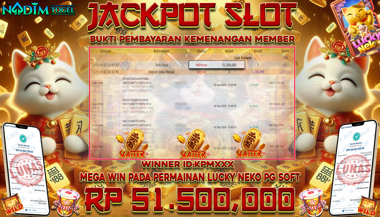 NADIMTOGEL JACKPOT SLOT LUCKY NEKO Rp 51.500.000,- LUNAS