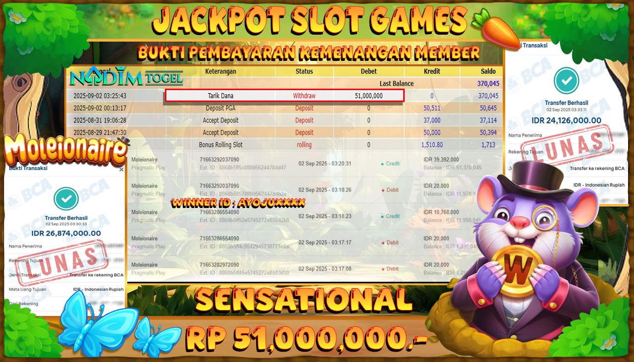 NADIMTOGEL JACKPOT SLOT MOLEIONAIRE Rp 51.000.000,- LUNAS