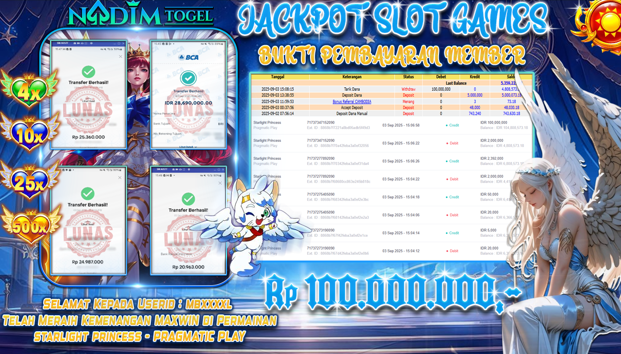NADIMTOGEL JACKPOT SLOT STARLIGHT PRINCESS - PRAGMATIC PLAY Rp 100.000.000,- LUNAS