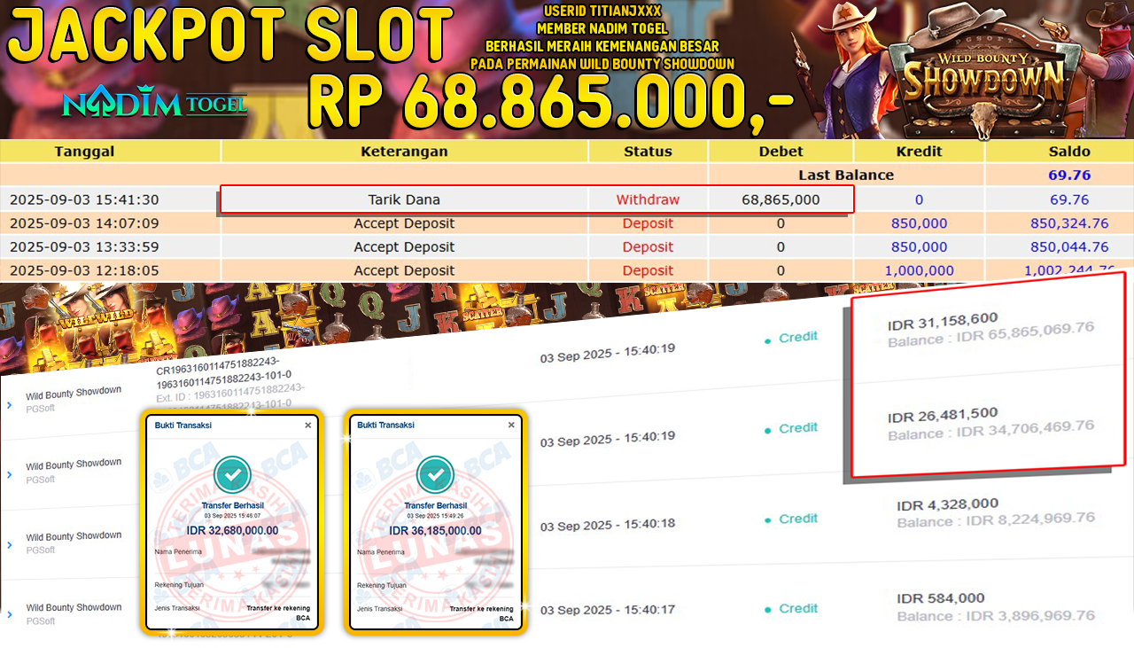 NADIMTOGEL JACKPOT SLOT WILD BOUNTY SHOWDOWN Rp 68.865.000,- LUNAS