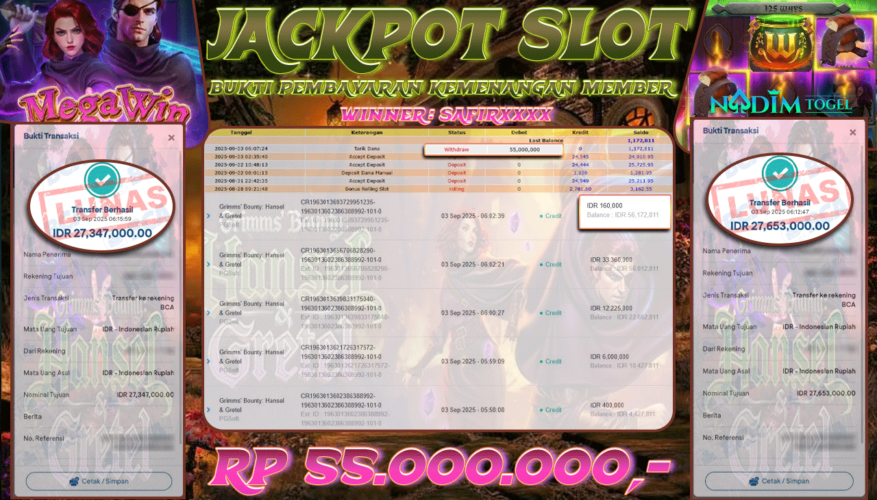 NADIMTOGEL JACKPOT SLOT GRIMMS BOUNTY: HANSEL & GRETEL - PG - SOFT Rp 55.000.000,- LUNAS