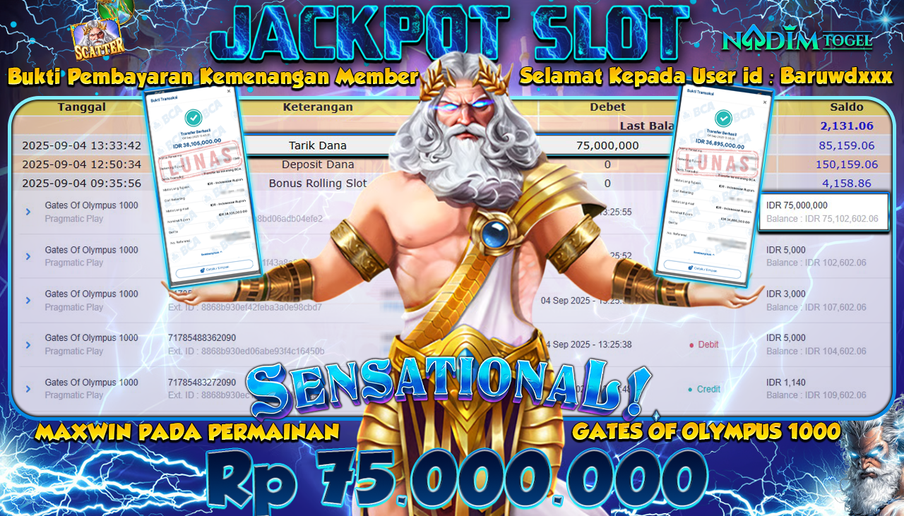 NADIMTOGEL JACKPOT SLOT GATES OF OLYMPUS 1000 Rp 75.000.000,- LUNAS