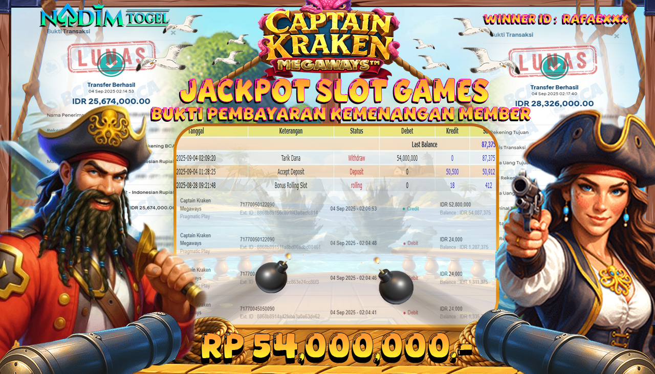 NADIMTOGEL JACKPOT SLOT CAPTAIN KRAKEN MEGAWAYS Rp 54.000.000,- LUNAS