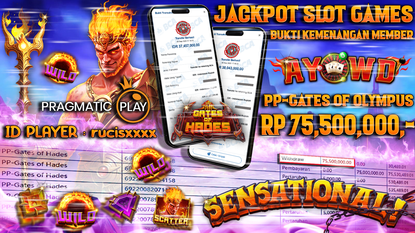 AYOWD JACKPOT SLOT GAMES PP-GATES OF HADES Rp 75,500,000,- LUNAS