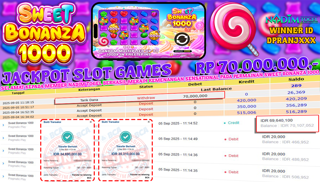 NADIMTOGEL JACKPOT SLOT SWEET BONANZA 1000 Rp 70.000.000,- LUNAS
