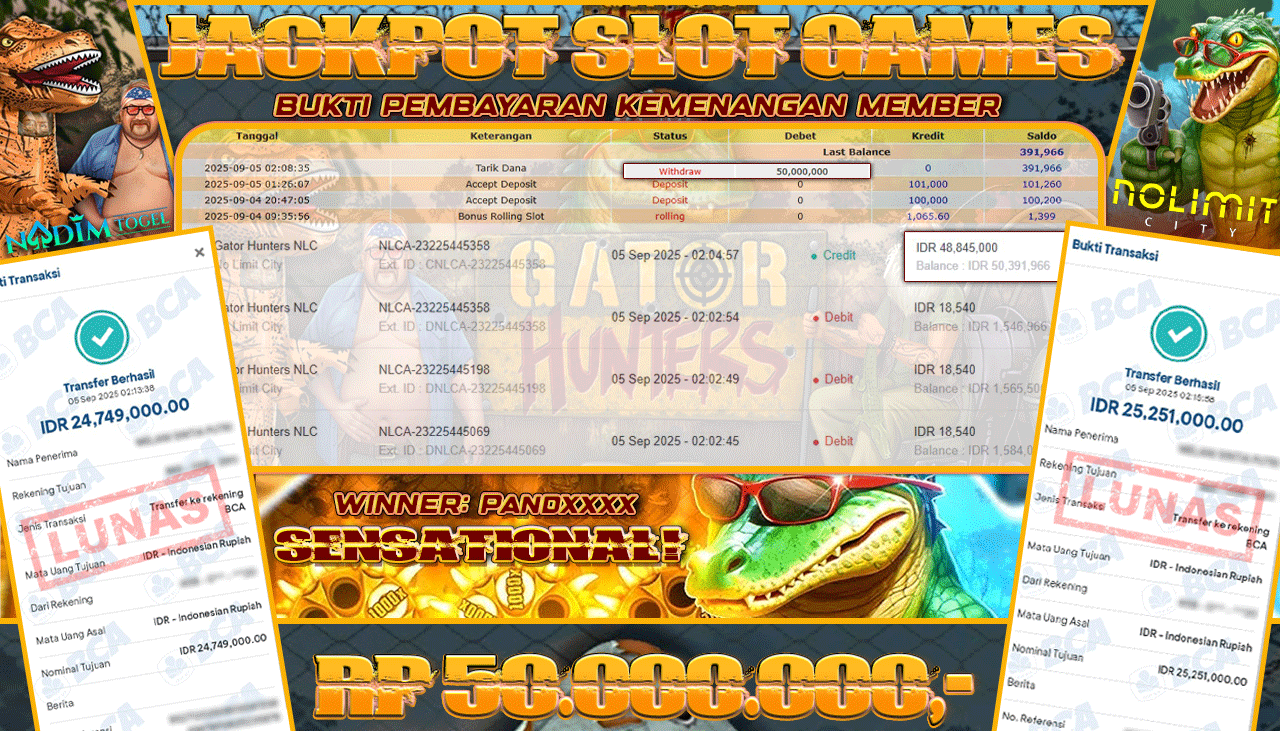 NADIMTOGEL JACKPOT SLOT GATOR HUNTERS NLC Rp 50.000.000,- LUNAS