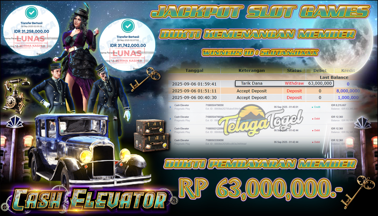 TELAGATOGEL JACKPOT SLOT CASH ELEVATOR Rp 63,000,000.- LUNAS 