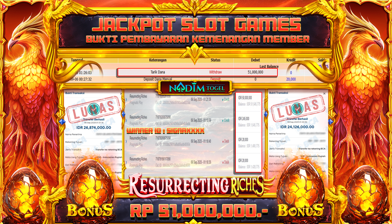 NADIMTOGEL JACKPOT SLOT RESURRECTING RICHES Rp 51.000.000,- LUNAS
