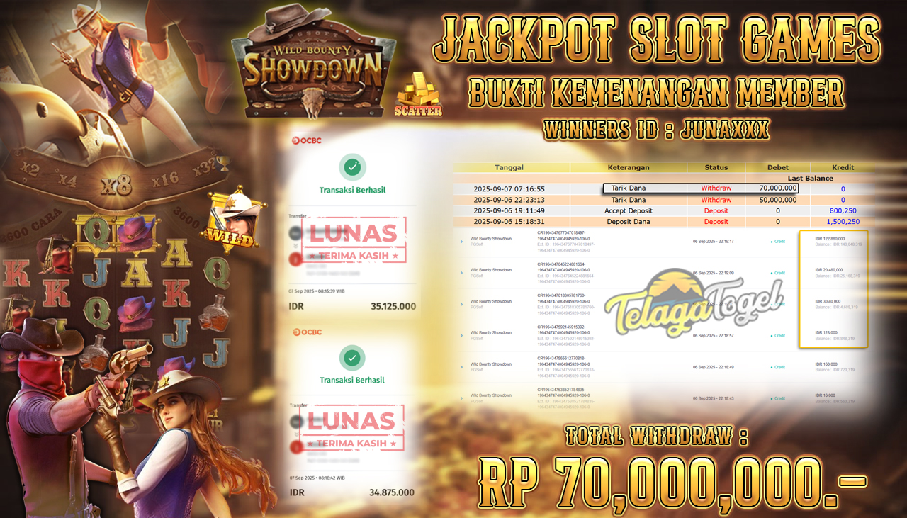 TELAGATOGEL JACKPOT SLOT WILD BOUNTY SHOWDOWN Rp 70,000,000.- LUNAS 