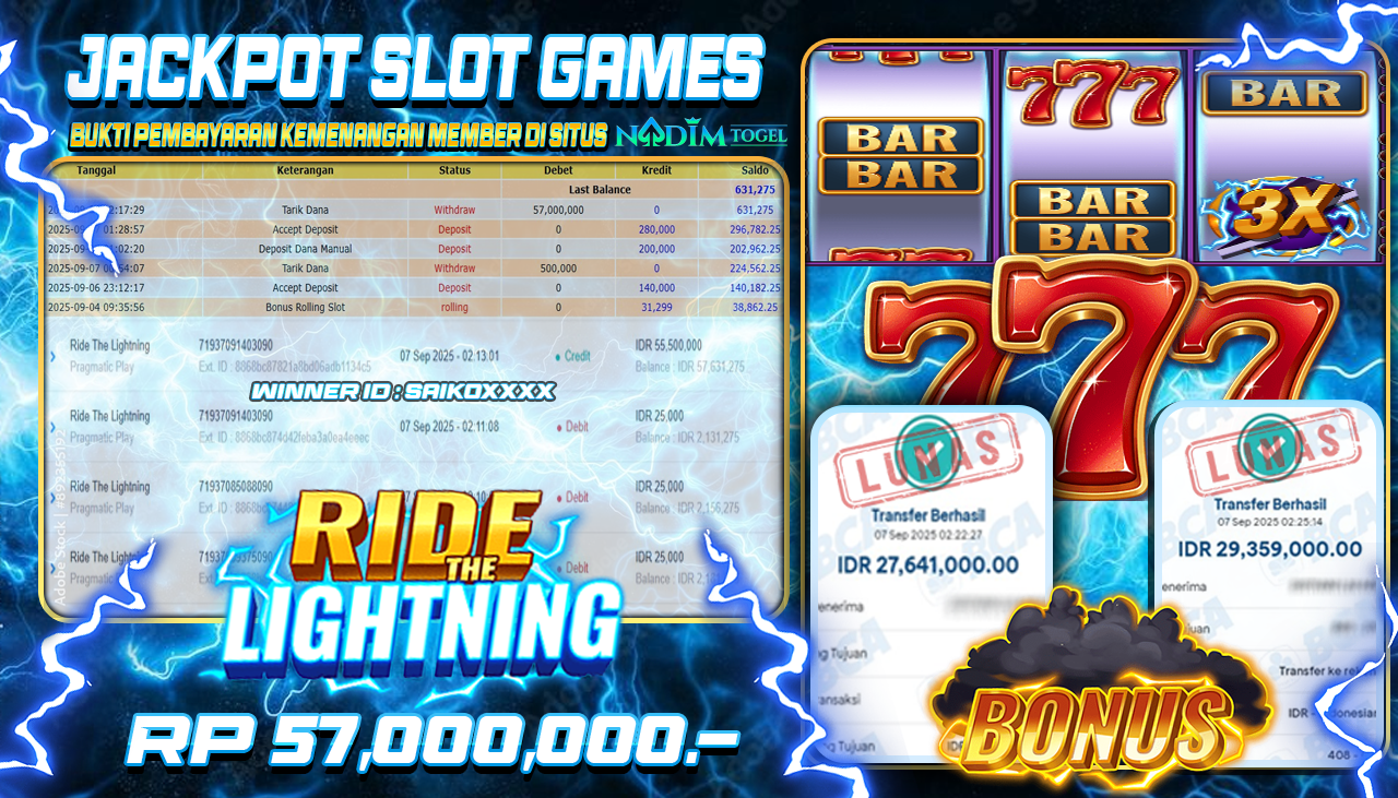 NADIMTOGEL JACKPOT SLOT RIDE THE LIGHTNING  Rp 57.000.000,- LUNAS