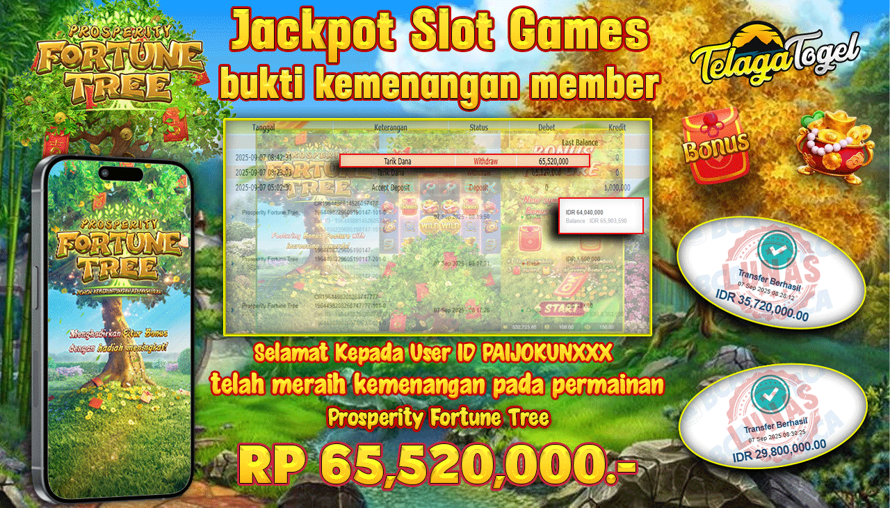 TELAGATOGEL JACKPOT SLOT PROSPERITY FORTUNE TREE Rp 65,520,000.- LUNAS 