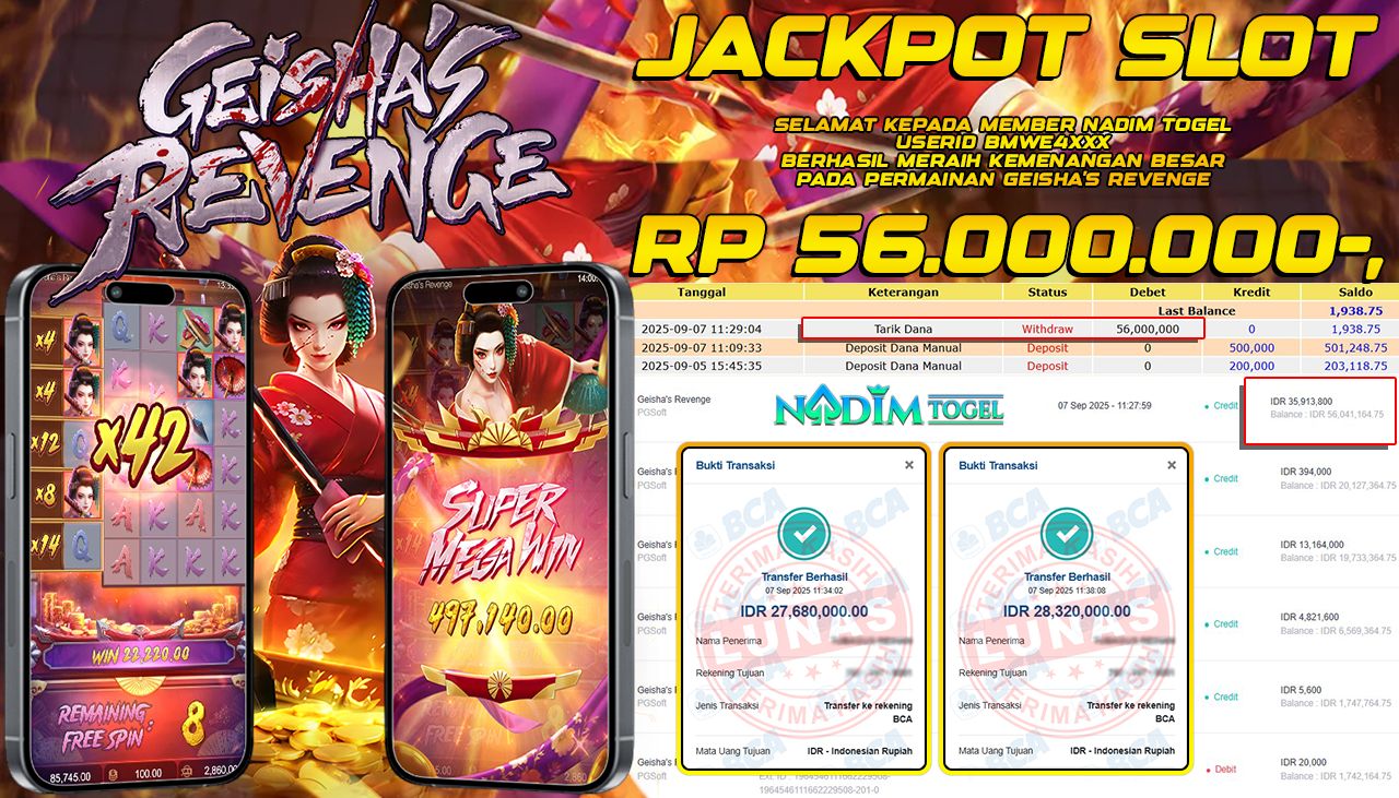NADIMTOGEL JACKPOT SLOT GEISHAS REVENGE Rp 56.000.000,- LUNAS